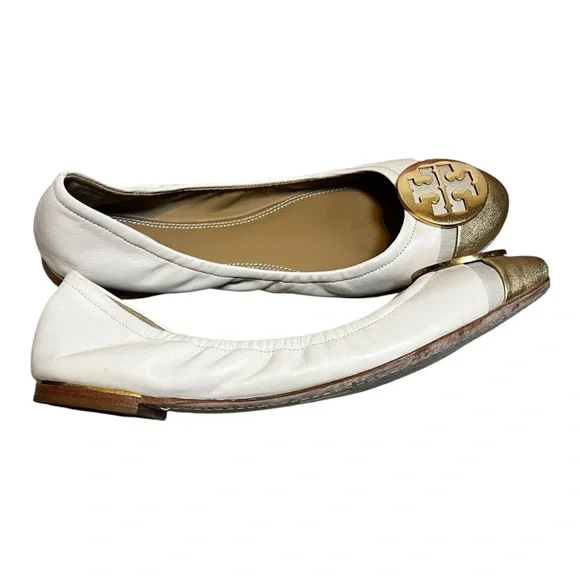 $258 Tory Burch Minnie Cap-Toe Ballet Flat Shoes 9 Cream gold - Picture 3 of 6